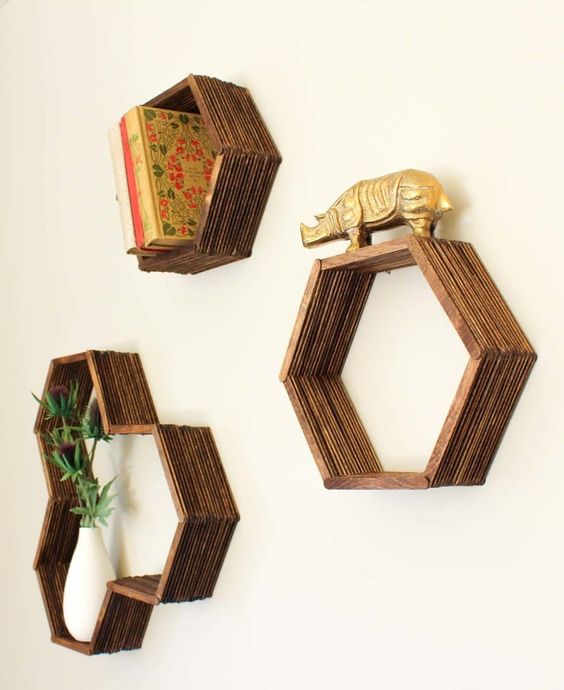 Smart DIY Geometric Wall Shelves With Popsicle Sticks