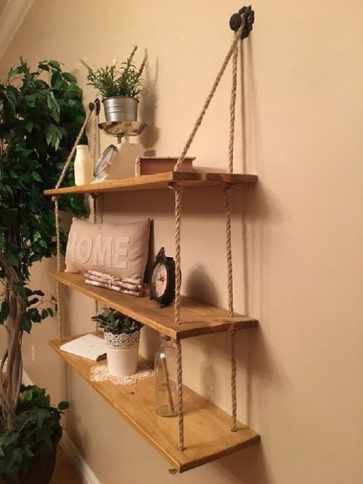 Easy And Exquisite Rope Hanging Shelves DIY For Completing Home Decor