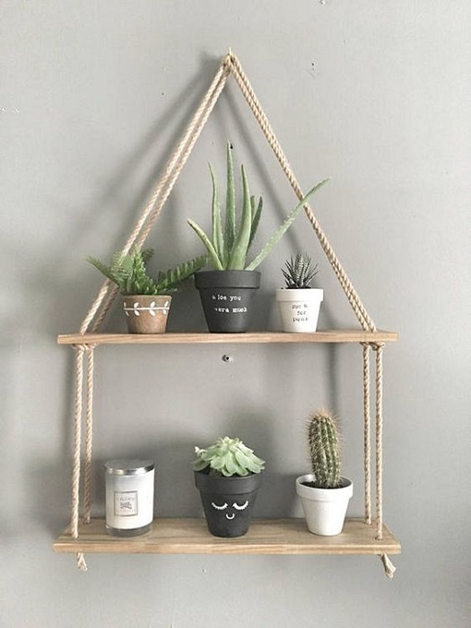 Easy And Exquisite Rope Hanging Shelves DIY For Completing Home Decor